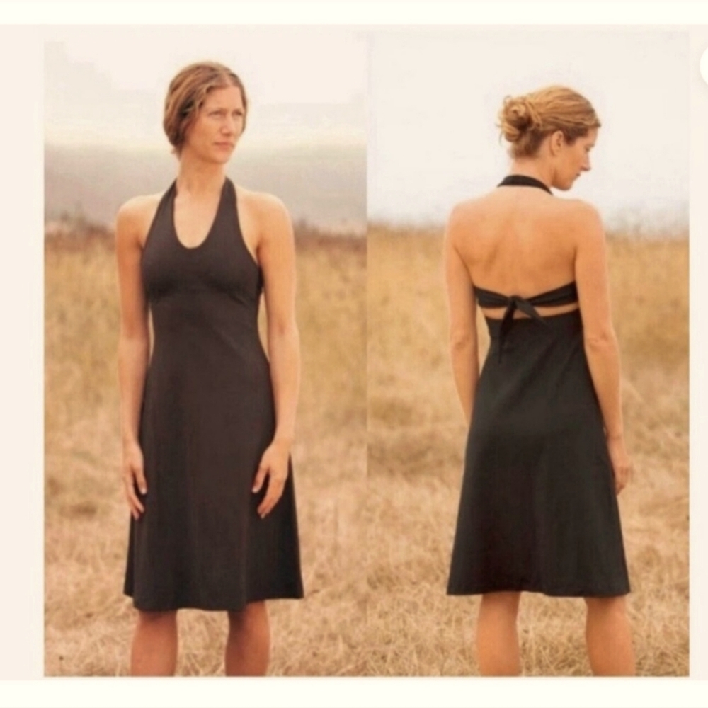 Patagonia Morning Glory Halter Neck Back Tie Black Dress - M